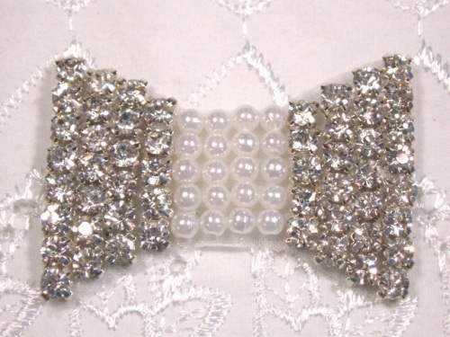 0411  Rhinestone Pearl Bow Tie Beaded Applique 2"