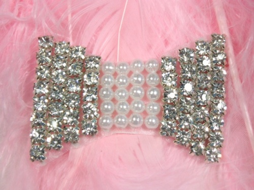 0411  Rhinestone Pearl Bow Tie Beaded Applique 2"