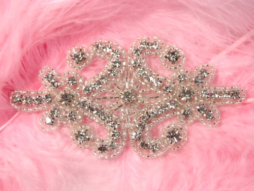 0413 Clear Rhinestone Beaded Hair Bow / Brooch / Applique 4"