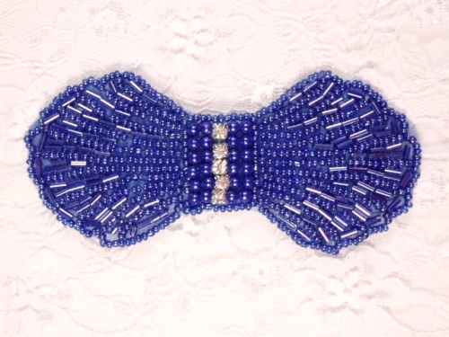 0434  Royal Blue Rhinestone Bow Beaded Applique 4.5"-applique,blue,royal,bow,rhinestone,beaded