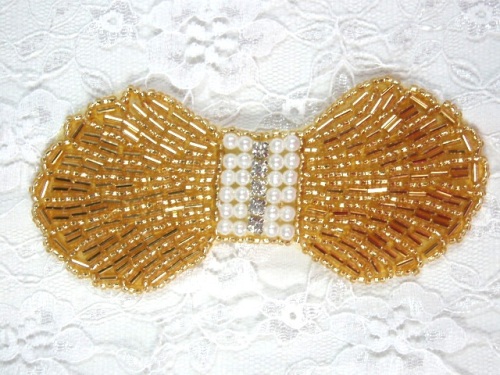 0434  Gold Pearl Rhinestone Bow Beaded Applique 4.5"-applique,gold,bow,rhinestone,beaded