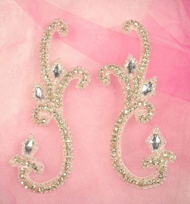 0438  Genuine Rhinestone Mirror Pair Beaded Appliques 6"-applique,rhinestone,pair,silver,jewel, 