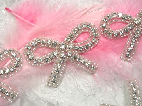 A0461 Genuine Clear Rhinestone Silver Beaded Bow Applique 2.5"