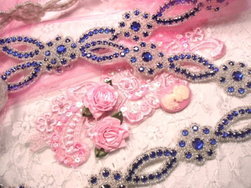 0474  Blue & Silver Rhinestone Jewel Floral Trim 1.25"