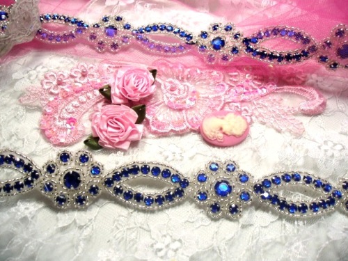0474  Blue & Silver Rhinestone Jewel Floral Trim 1.25"