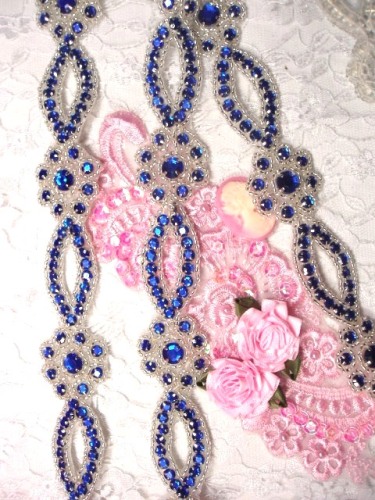 0474  Blue & Silver Rhinestone Jewel Floral Trim 1.25"