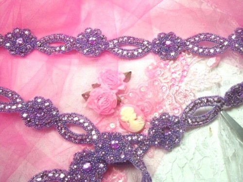 0474  Lavender Rhinestone Jewel Floral Trim 1.25"