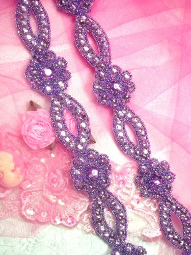0474  Lavender Rhinestone Jewel Floral Trim 1.25"
