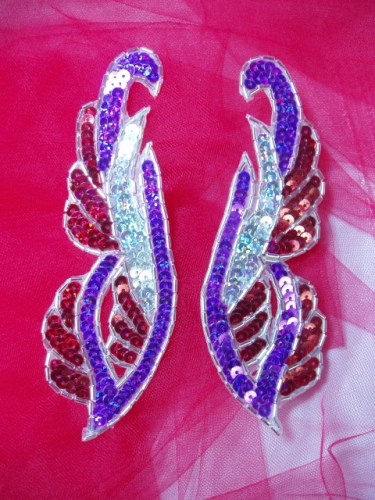0033 Purple Red Mirror Pair Sequin Beaded Appliques 6.25"