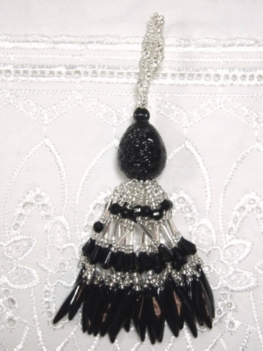 E3650 Black & Silver Raindrop Beaded Tassel 3.25"