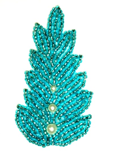 K1397 Turquoise Pearl Leaf Beaded Applique 2.5"