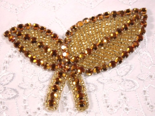 K8264 Gold Leaf Rhinestone Beaded Applique 3.5"