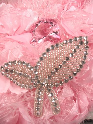 K8264 Silver Leaf Rhinestone Beaded Applique 3.5"