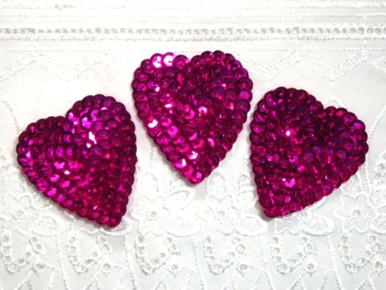 K8395A  Set of 3 Fuchsia Heart  Sequin Appliques 2"-fuchsia,gold,floral,brown,feather,trim,sewing,turquoise,purple,blue,embellishment,house,collar,jewel,victorian,sewing,clothing,sequin,beaded,bead,sequins,applique,motif,turquoise,trim,trimmings,sewing,beaded,purple,heart,set,lot,royal
