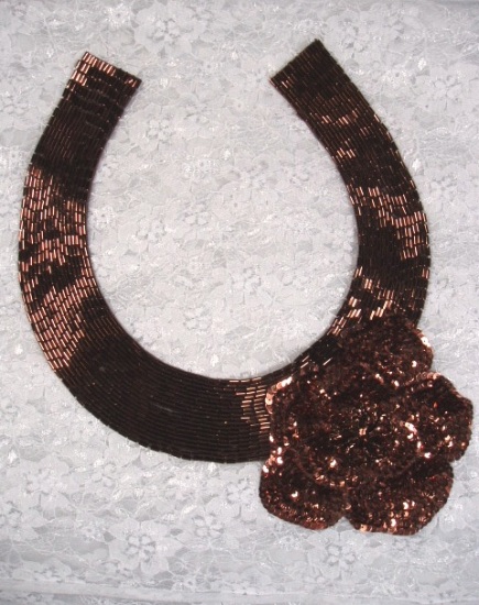 K8398  Bronze Floral Collar Sequin Beaded Applique  11"