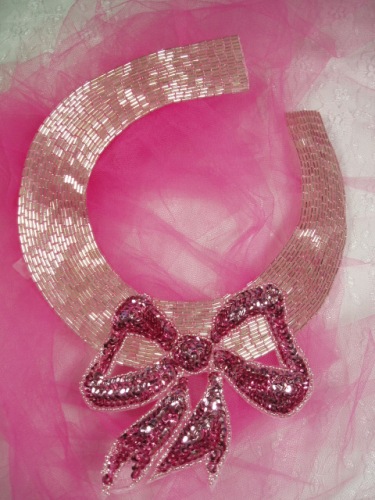 K8400  Mauve Bow Collar Sequin Beaded Applique 11.25"