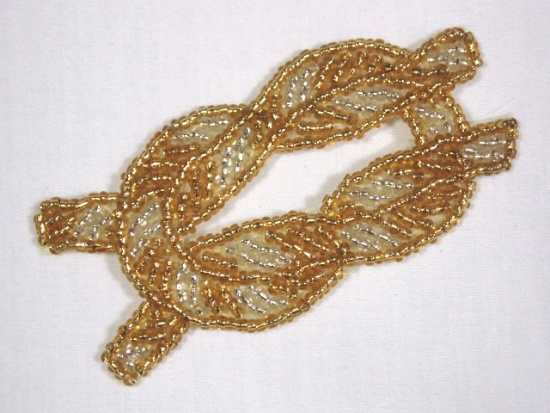 K8625  Gold & Silver Knot Beaded  Applique 3"-gold,silver,anchor,rope,nautical,ocean,trim,pearl,floral,beaded,applique,trimmings,embellishment,pink,motif,beaded,sequin,applique,sequins,beads,