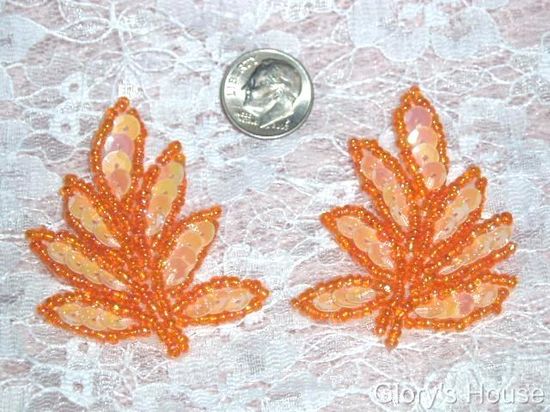 T8633 Peach Orange Leaf  Vine Sequin Beaded Trim-peach,orange,opaque,embellishment,sequin,beaded,beads,applique,trim,motif,green,leaf,