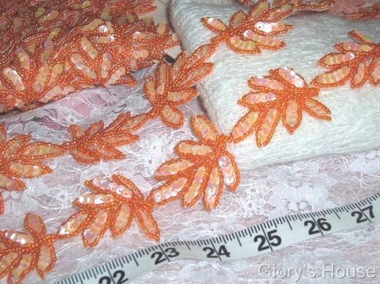 T8633 Peach Orange Leaf  Vine Sequin Beaded Trim-peach,orange,opaque,embellishment,sequin,beaded,beads,applique,trim,motif,green,leaf,