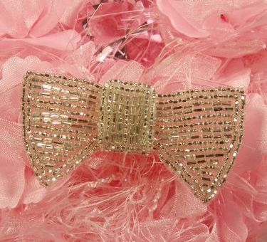 K8737 Silver Bow Tie Beaded Applique 3"