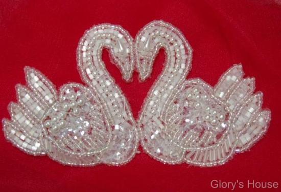 0089 Reduced Double Swan Crystal Sequin Beaded Applique 5.25"