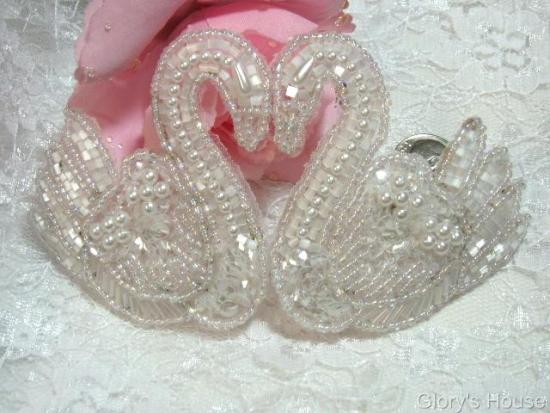 0089 Reduced Double Swan Crystal Sequin Beaded Applique 5.25"