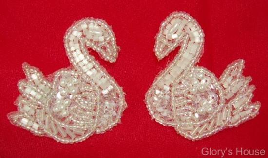Reduced Crystal Swan Pair 2"  Sequin Beaded Applique 0088