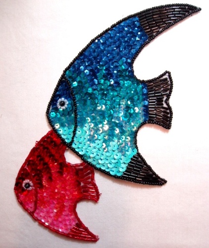K9302 Red Blue Medium Fish Sequin Beaded Applique 7.5"