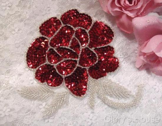 Elegant Red Rose Floral 6" Sequin Beaded Applique 0081