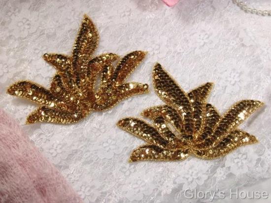 0079 Gold Sea Weed Mirror Pair Sequin Beaded Applique 6"