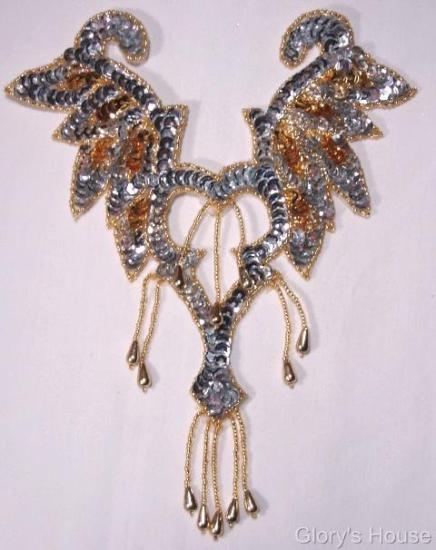Gold & Silver Yoke Bodice 8.5" Sequin Beaded Applique 0108