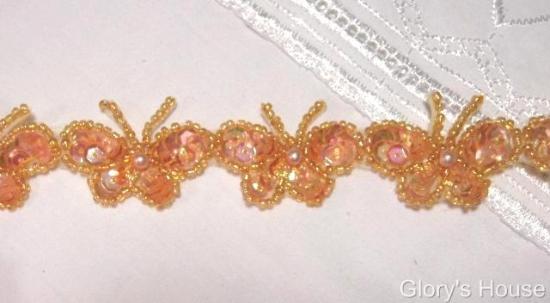 T9516  Peach Butterfly Sequin Beaded Applique or Trim