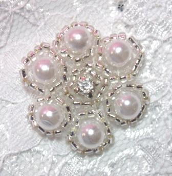 A0428B Rhinestone & Pearl Silver Beaded Applique 1-1/8"-applique,beaded,pearl,rhinestone,round,silver