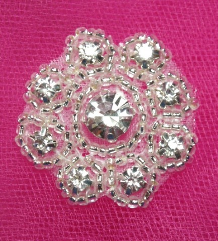 A0478A Rhinestone Floral Silver Beaded Applique 1-3/8"