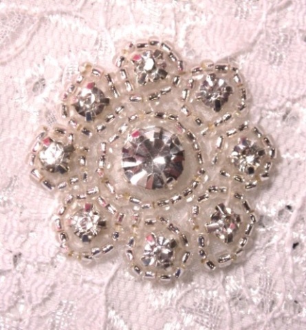 A0478A Rhinestone Floral Silver Beaded Applique 1-3/8"