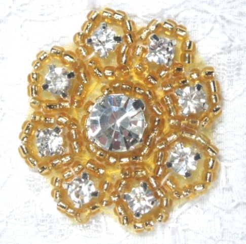 A0429A  Gold Beaded Rhinestone Floral Applique 1-3/8"