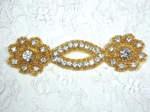 A0429D Gold Clear Rhinestone Beaded Floral Applique 4.25"