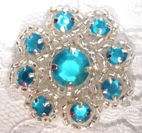 A0474  Turquoise Silver Rhinestone Jewel Floral Applique 1.25"-applique,turquoise,brown,rhinestone,beaded,floral,flower,trim