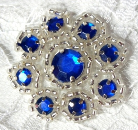 A0474  Blue Silver Rhinestone Jewel Floral Applique 1.25"-applique,blue,silver,rhinestone,beaded,floral,flower,trim