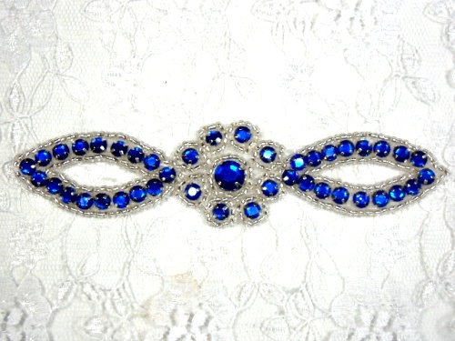 A0474C   Royal Blue Silver Jewel Rhinestone Beaded Floral Applique 5"