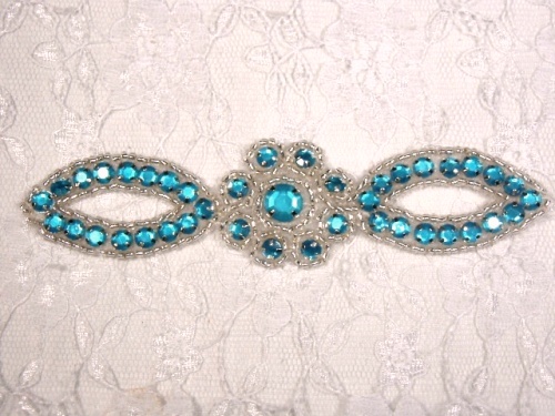 A0474C  Turquoise Silver Jewel Rhinestone Beaded Floral Applique 5"