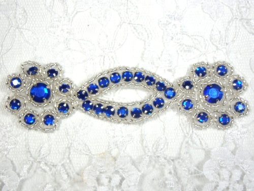 A0474D  Royal Blue Silver Jewel Rhinestone Beaded Floral Applique 4.25"