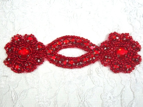 A0474D   Red Jewel Rhinestone Beaded Floral Applique 4.25"