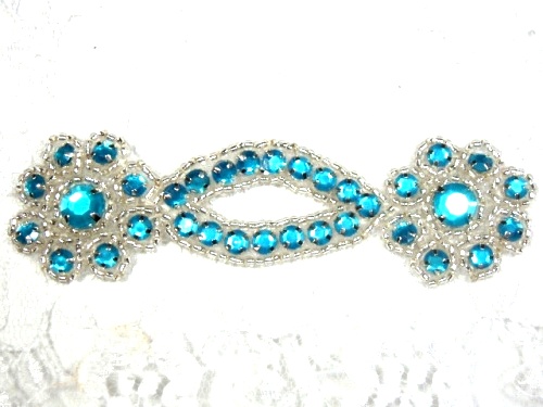 A0474D  Turquoise Silver Jewel Rhinestone Beaded Floral Applique 4.25"