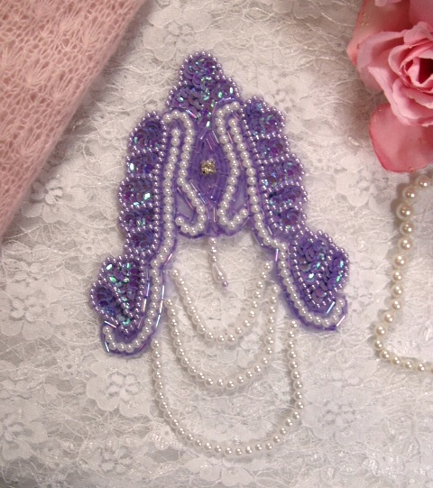 Lavender Victorian Epaulet  7" Sequin Beaded Applique 0080