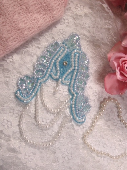 Pastel Blue Victorian  7" Sequin Beaded Applique 0080