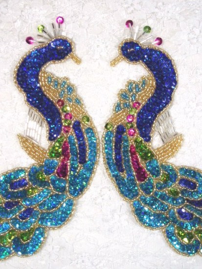 0167  Blue Peacock Mirror Pair Sequin Beaded Appliques-blue,sequin,beaded,applique,embellishment,peacock