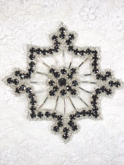 0260  Black Jewel Silver Beaded Rhinestone Applique 4"