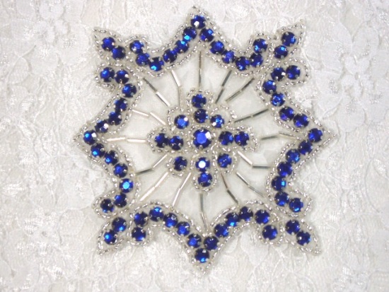 0260  Blue Jewel Silver Beaded Rhinestone Applique 4"