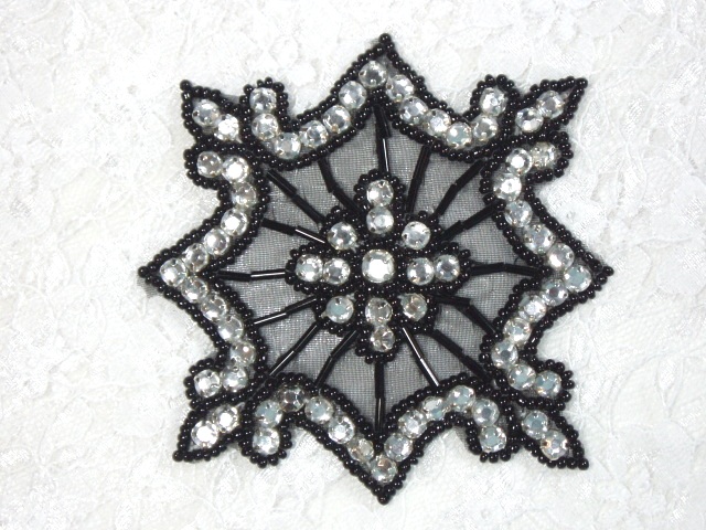 0260  Clear Jewel Black Beaded  Rhinestone  Applique 4"